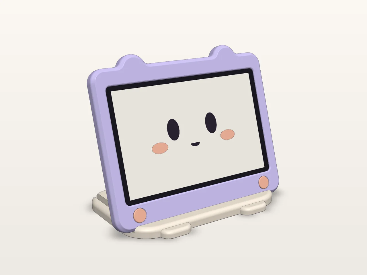 The printed Deskling case: a lilac screen surround with two round ears and peach cheeks, on a cream stand