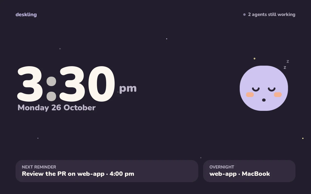 Dark night clock with a sleeping Deskling