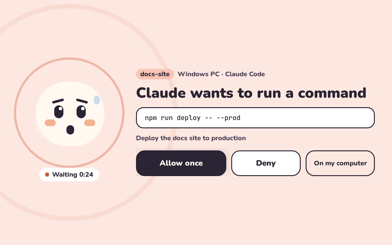 Full-screen permission request showing the exact command, with Allow once and Deny buttons