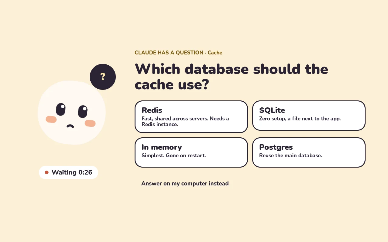 A question from Claude with big answer buttons